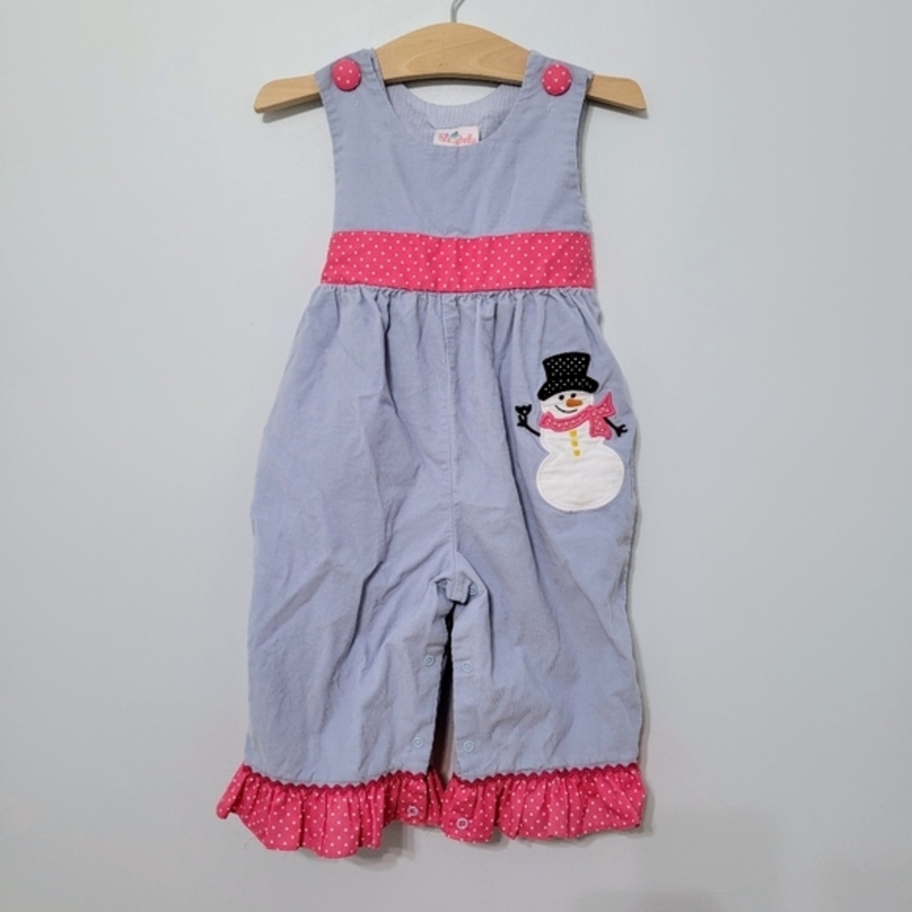 Stellybelly Light Blue Hot Pink Corduroy Girl's Romper‎ Jumper Winter Snowman 2T